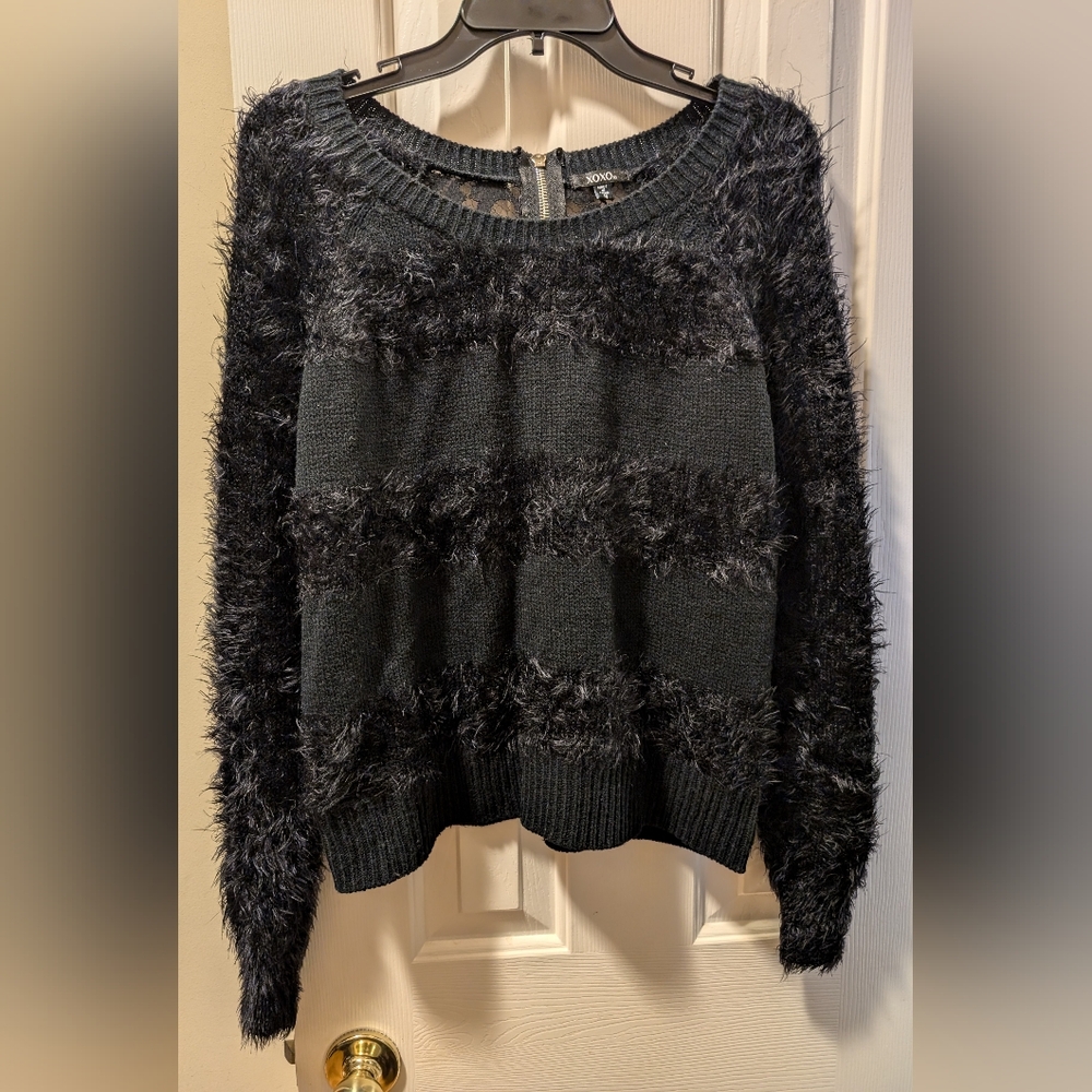 XOXO Fuzzy Black Stripe Lace Back Sweater